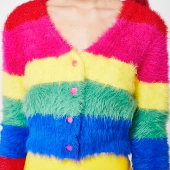 Lazy Oaf Striped Rainbow Furry Crop Sweater - Picture 1 of 7